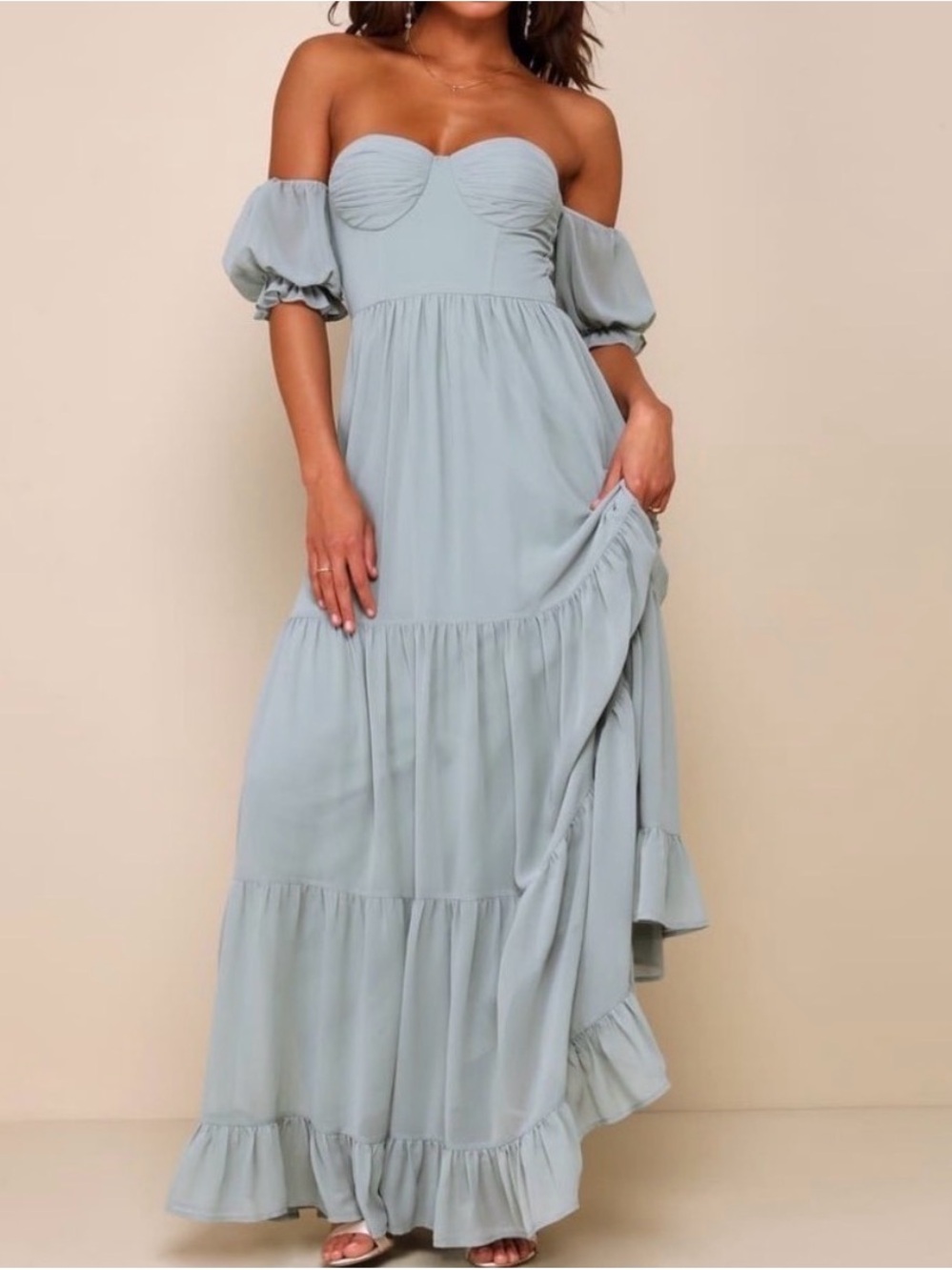 Lulus Exceptionally Gorgeous Sage Chiffon Off-the-Shoulder Maxi Dress